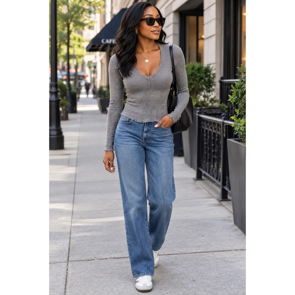 SKIMS Soft Lounge Split Neck Long Sleeve Shirt | Gray | Size S